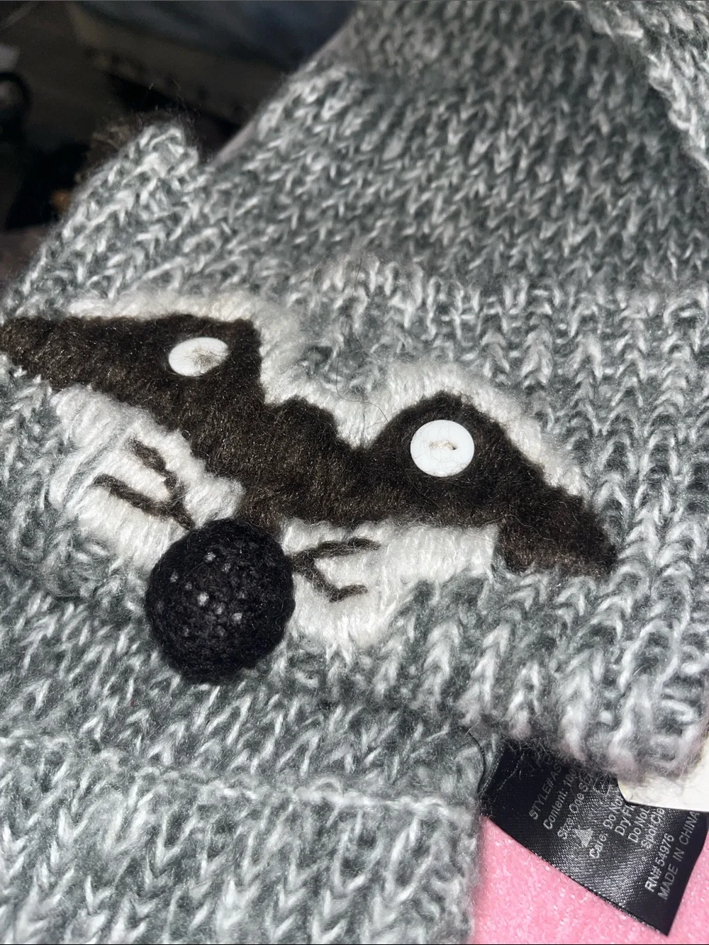 Critter Kingdome knitted Raccoon Scarf -grey tones with black